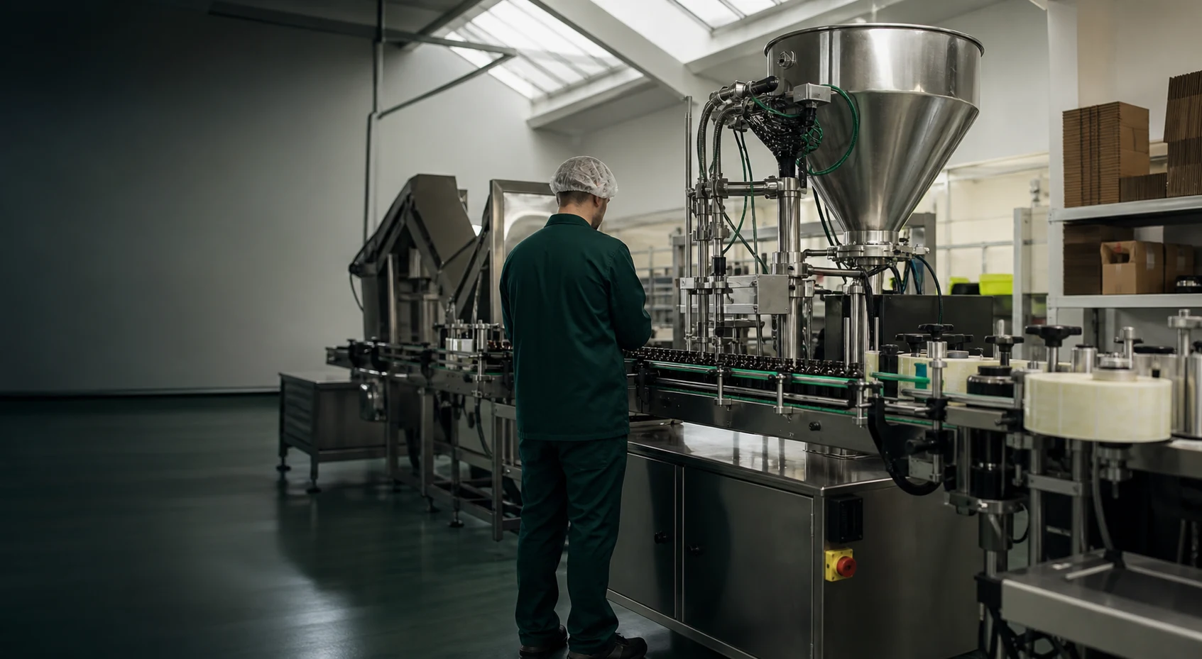 Operator working at a small-batch filling and labelling production line