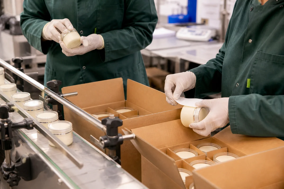 Operators quality-checking and hand-packing units into transit cartons